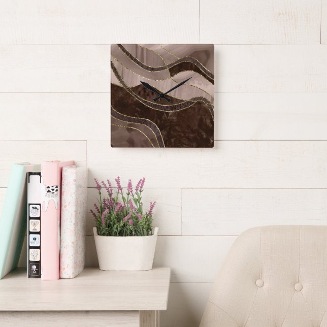 Horloge Carrée Marbre Agate Or Glam 4 - paysage (Salle de lecture)