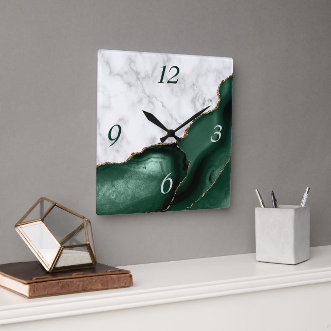 Horloge Carrée Marbre blanc Emerald Green Agate Parties scintilla (Bureau)