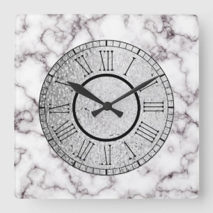 Horloge Carrée Marbre blanc et gris avec argent et chiffres romai