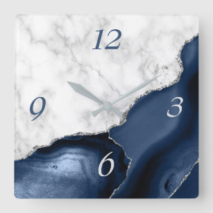 Horloge Carrée Marbre blanc Marine Blue Agate Parties scintillant