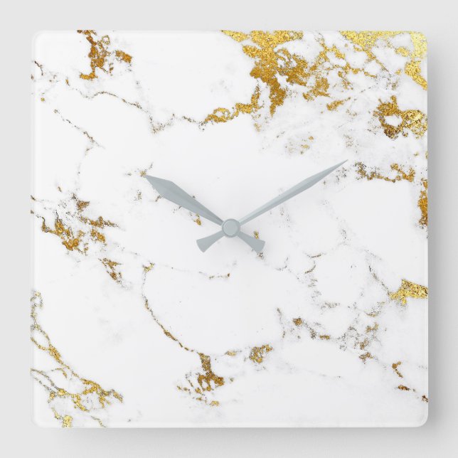 Horloge Carrée Marbre blanc or gris Carrara Abstrait minimal (Recto)