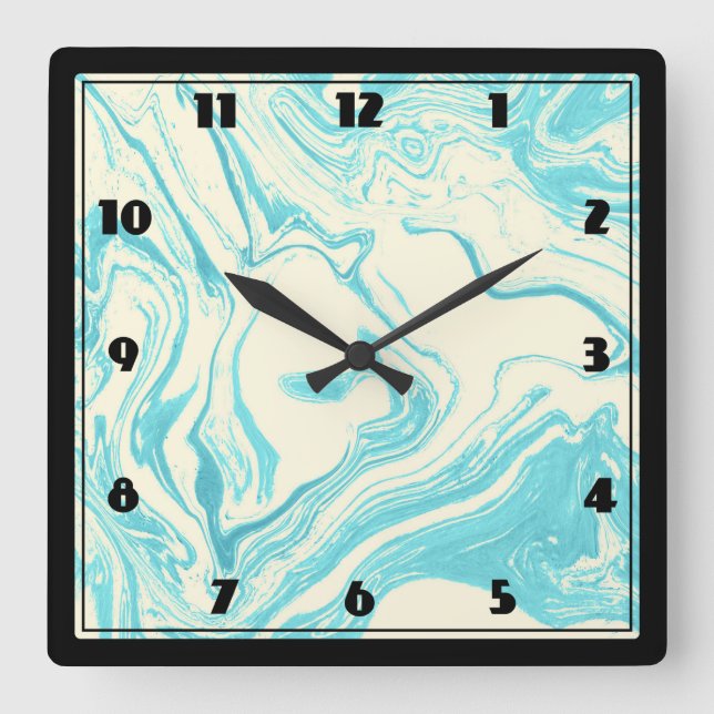 Horloge Carrée Marbre cool design en Turquoise et Crème (Recto)
