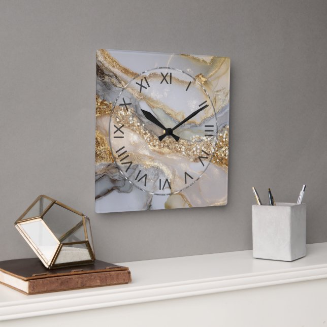 Horloge Carrée Marbre fluide or et blanc de luxe (Bureau)