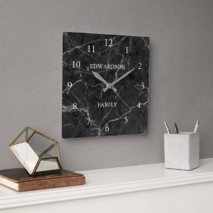 Horloge Carrée Marbre gris moderne motif nom de famille