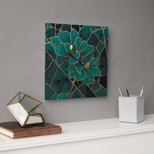 Horloge Carrée Marbre Mosaïque Art Déco Floral Émeraude Vert & Or