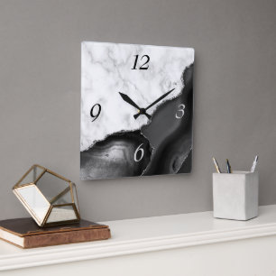 Horloge Carrée Marbre noir agate élégant avec paillettes argentée