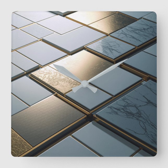 Horloge Carrée Marbre Or Carreaux Luxe Géométrie (Recto)