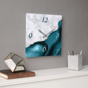 Horloge Carrée Marbre Pailleté Argenté Agate Sarcelle Élégant