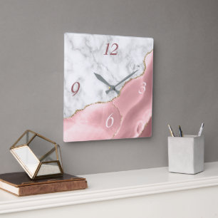 Horloge Carrée Marbre Pailleté Or Agate Rose Élégant
