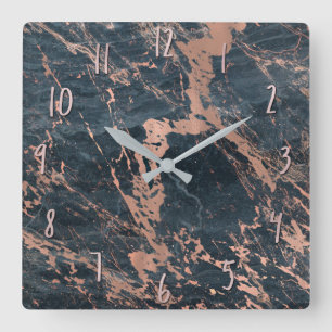 Horloge Carrée Marbre Rustique Brumeux Bleu et Rose Gold Rose Gla