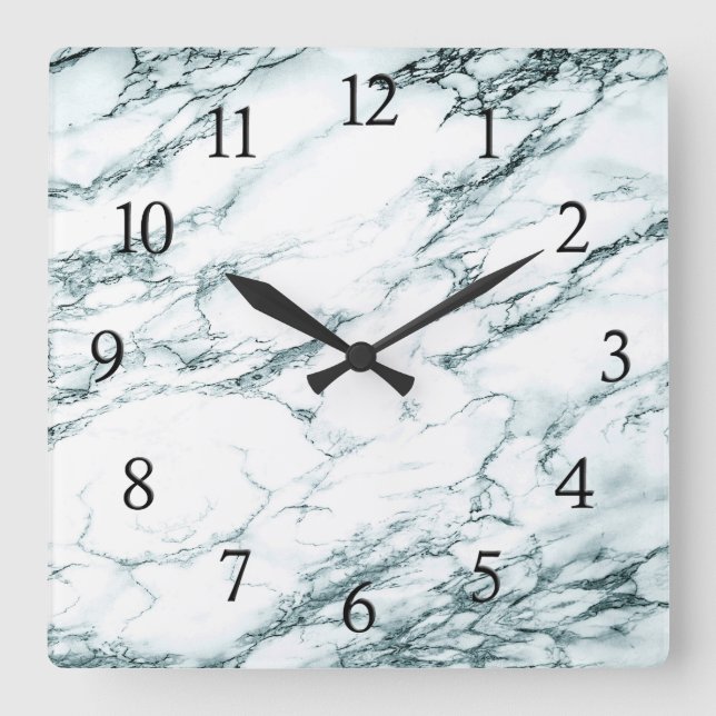Horloge Carrée Marbre Turquoise Foncé avec Chiffres Noirs (Recto)