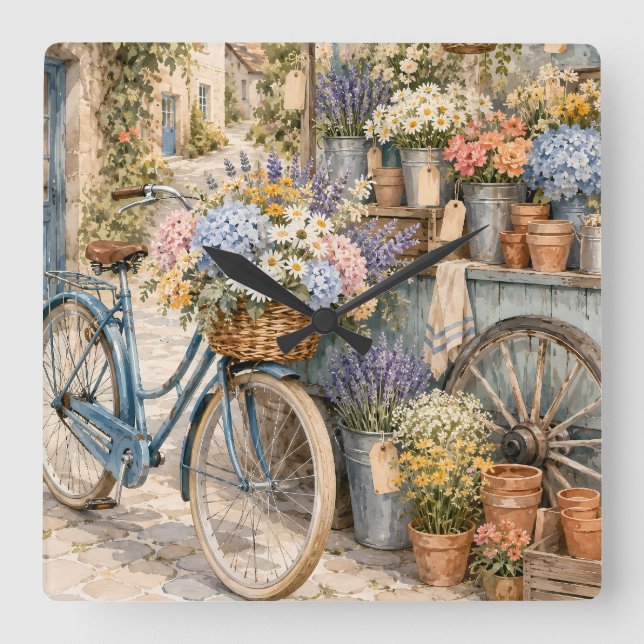 Horloge Carrée Marché de fleurs Bloomcore avec bicyclette (Recto)