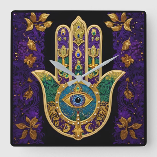 Horloge Carrée Mardi Gras Gold violet vert Hamsas Art (Recto)