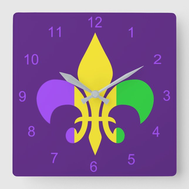 Horloge Carrée Mardi gras vert Yellow Purple Fleur-de-lis (Recto)