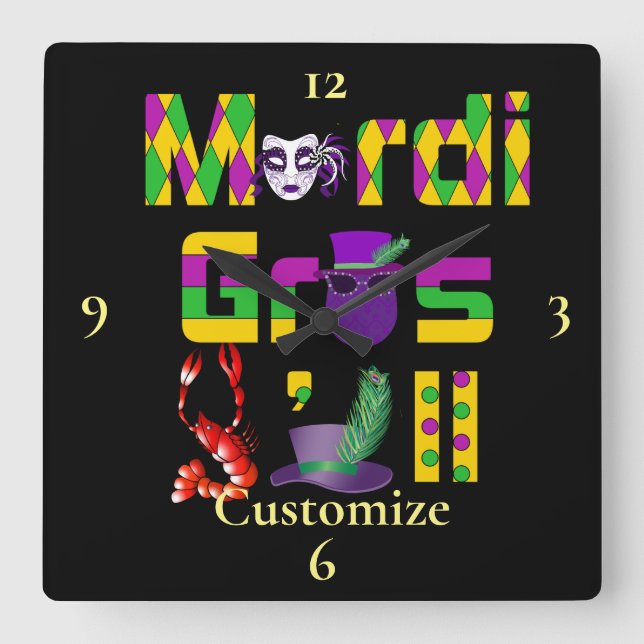Horloge Carrée Mardi Gras Y'all Thunder_Cove (Recto)
