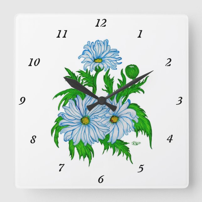 Horloge Carrée Marguerite, Fleurs marguerites en style rétro (Recto)