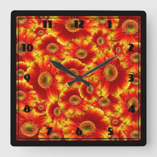 Horloge Carrée Marguerites de Gerbera jaune et orange