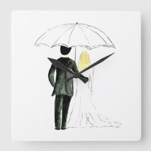 Horloge Carrée Mariage couple Juste marié chic aquarelle