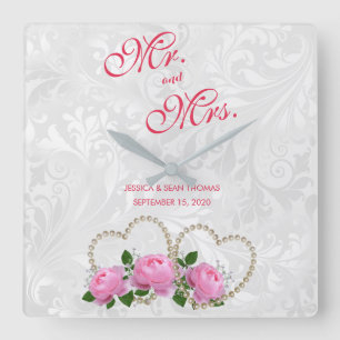 Horloge Carrée Mariage Damassé Cœurs de Perle et Roses