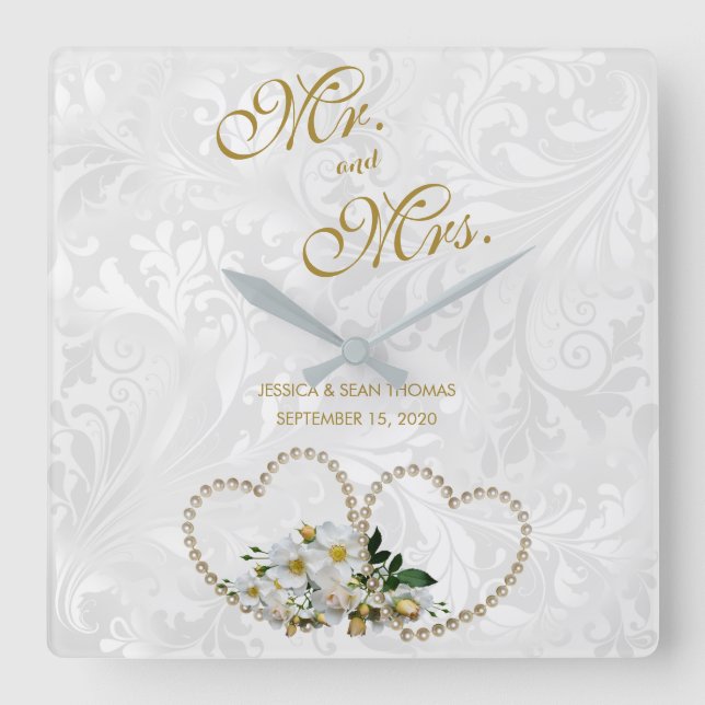 Horloge Carrée Mariage Damassé Cœurs et Fleurs de Perle (Recto)