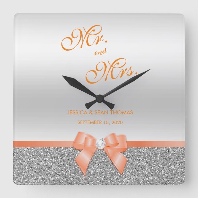 Horloge Carrée Mariage de Parties scintillant romantique à corail (Recto)