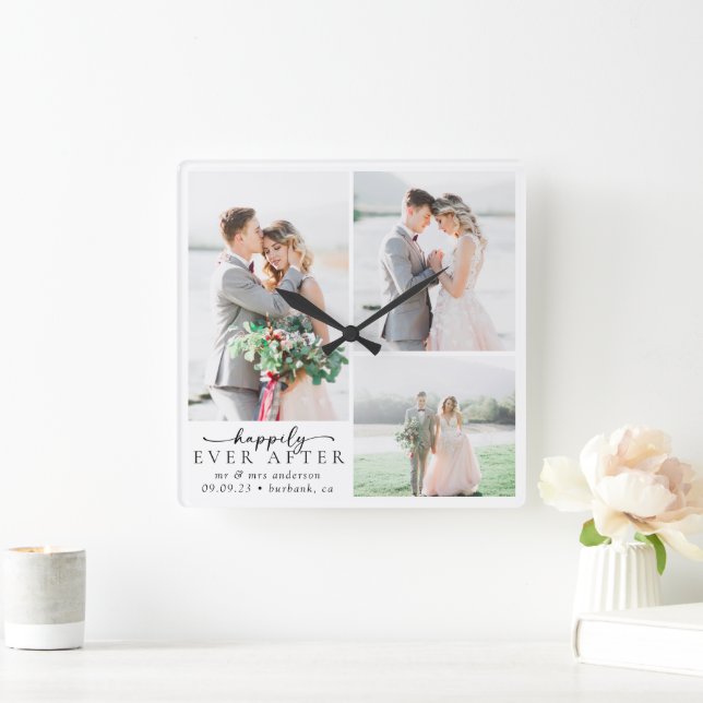 Horloge Carrée Mariage minimaliste de calligraphie photo (Maison)