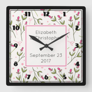 Horloge Carrée Mariage Motif Fleur sauvage rose et vert