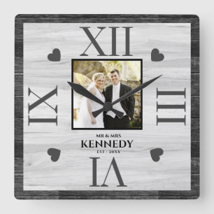 Horloge Carrée Mariage photo en bois noir