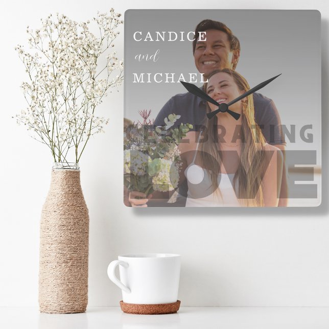 Horloge Carrée Mariage photo noir et blanc moderne (Créateur téléchargé)