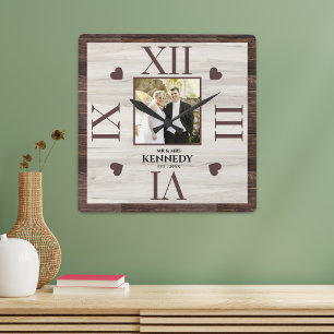 Horloge Carrée Mariage photo personnalisé en bois rustique Annive