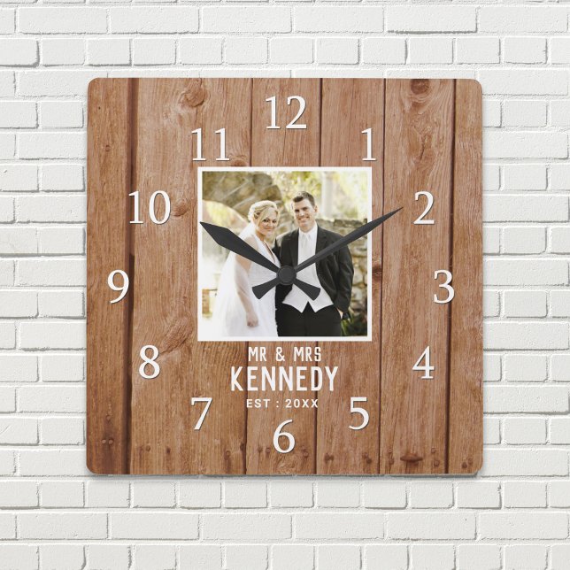 Horloge Carrée Mariage unique photo Anniversaire Bois personnalis (Unique Wedding Photo Anniversary Wood Personalized Square Wall Clock)