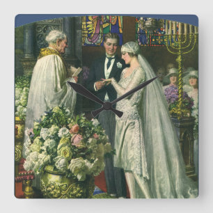Horloge Carrée Mariage Vintage, Mariée et Marié avec Ménorah