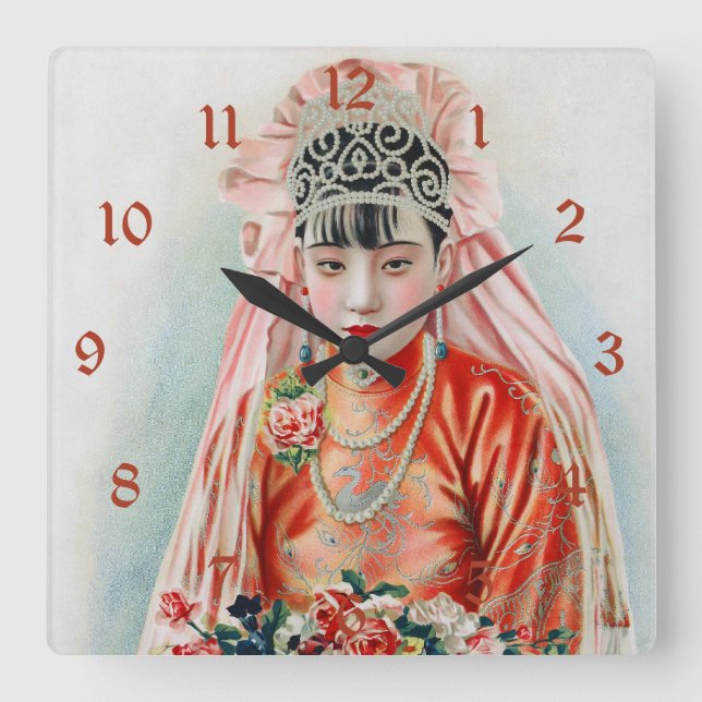Horloge Carrée Mariée en Mariage rouge chinois Shanghai Yuefenpai (Recto)