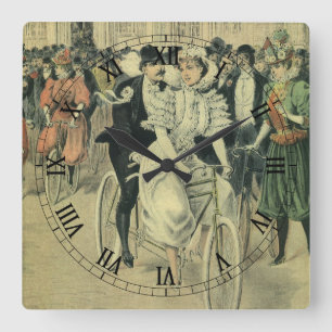 Horloge Carrée Mariés victoriens à bicyclette après la cérémonie 
