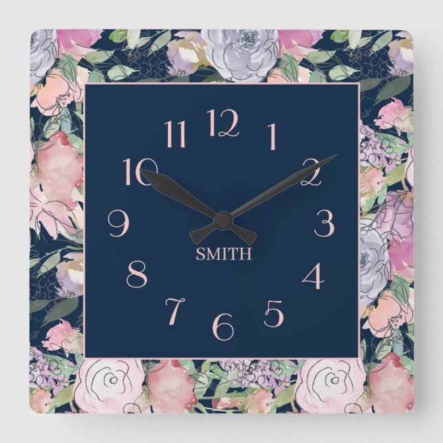 Horloge Carrée Marine bleu rose pourpre main tiré floral  (Recto)
