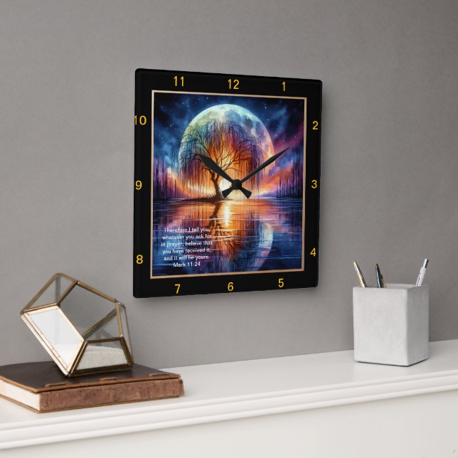 Horloge Carrée Mark 11:24 Temps de prière : Écriture personnalisé (Bureau)