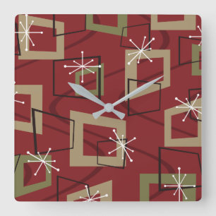 Horloge Carrée Maroon moderne du milieu du siècle
