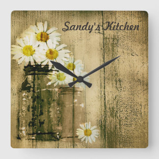 Horloge Carrée Mason Jar and Daisies Personnalized Kitchen Clock