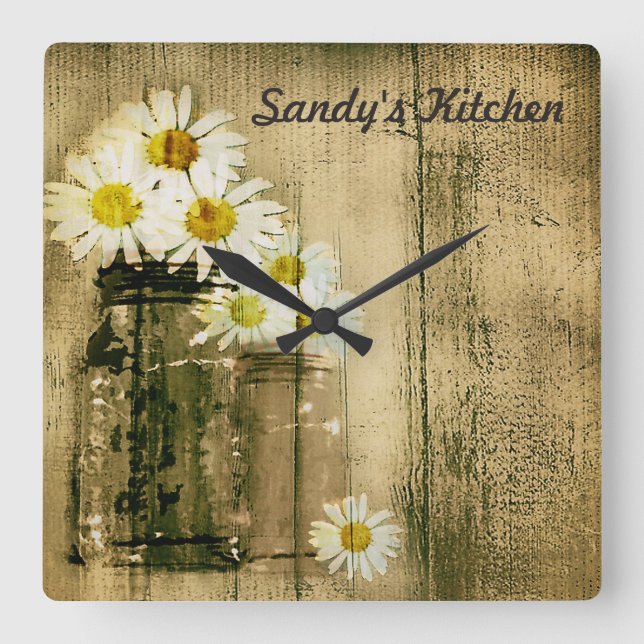Horloge Carrée Mason Jar and Daisies Personnalized Kitchen Clock (Recto)