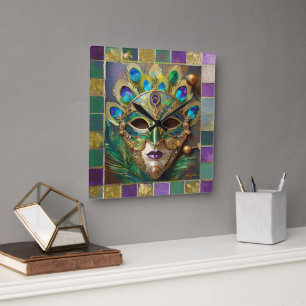 Horloge Carrée Masque de plumes de paon en céramique Mardi Gras G