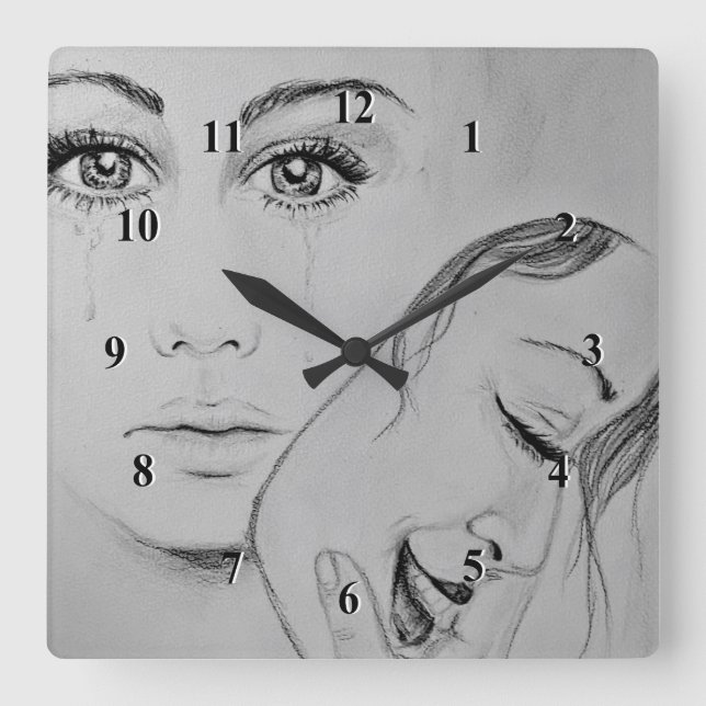 Horloge Carrée Masque - Dessin au crayon (Recto)