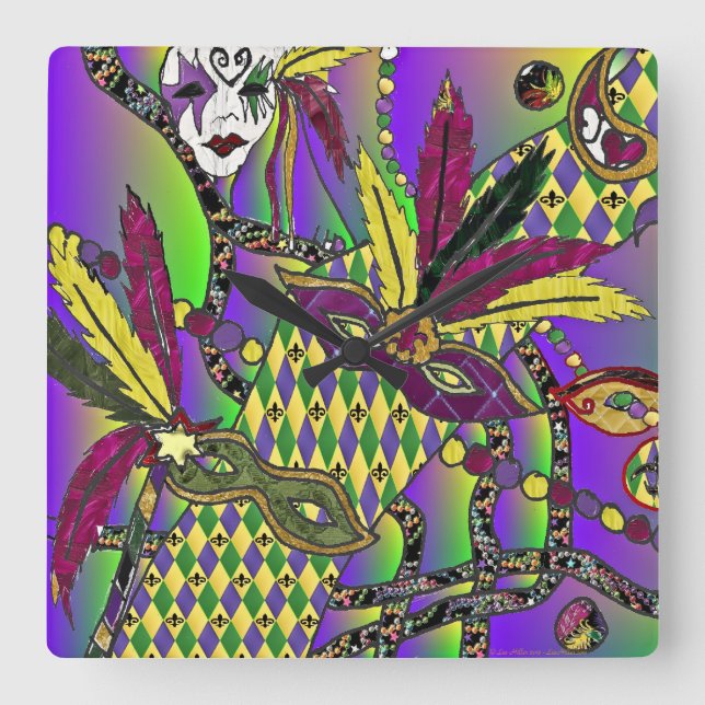 Horloge Carrée Masques de plumes de mardi gras psychédélique (Recto)