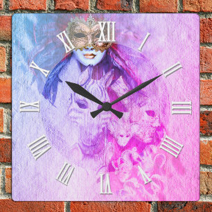 Horloge Carrée Masques vénitiens vintages, Danse du Carnaval, Ita