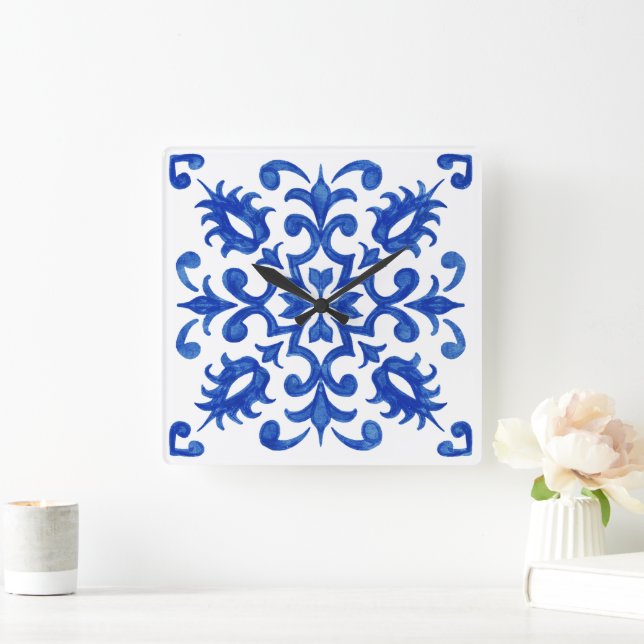 Horloge Carrée Médaillon rond central en carreau bleu portugais (Maison)