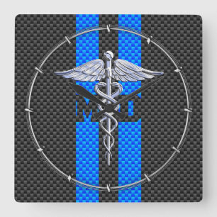 Horloge Carrée Médecin Médicale MD Caduceus Fibres de carbone ray
