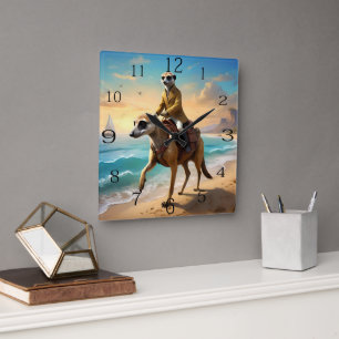 Horloge Carrée Meerkat Jockey Sur Un Cheval Meerkat,