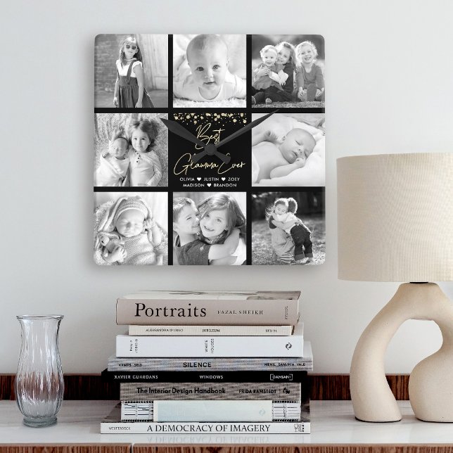 Horloge Carrée Meilleur Glamma Ever 8 Photo Collage Gold Parties  (Créateur téléchargé)