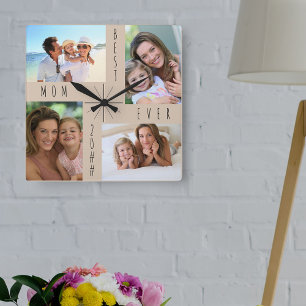 Horloge Carrée Meilleure Maman Ever 4 Collage Photo Beige