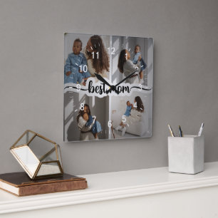 Horloge Carrée Meilleure Maman Personnalisée 4 Photo Collage