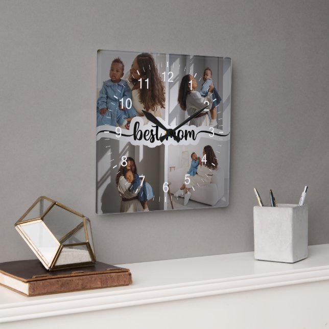 Horloge Carrée Meilleure Maman Personnalisée 4 Photo Collage (Bureau)